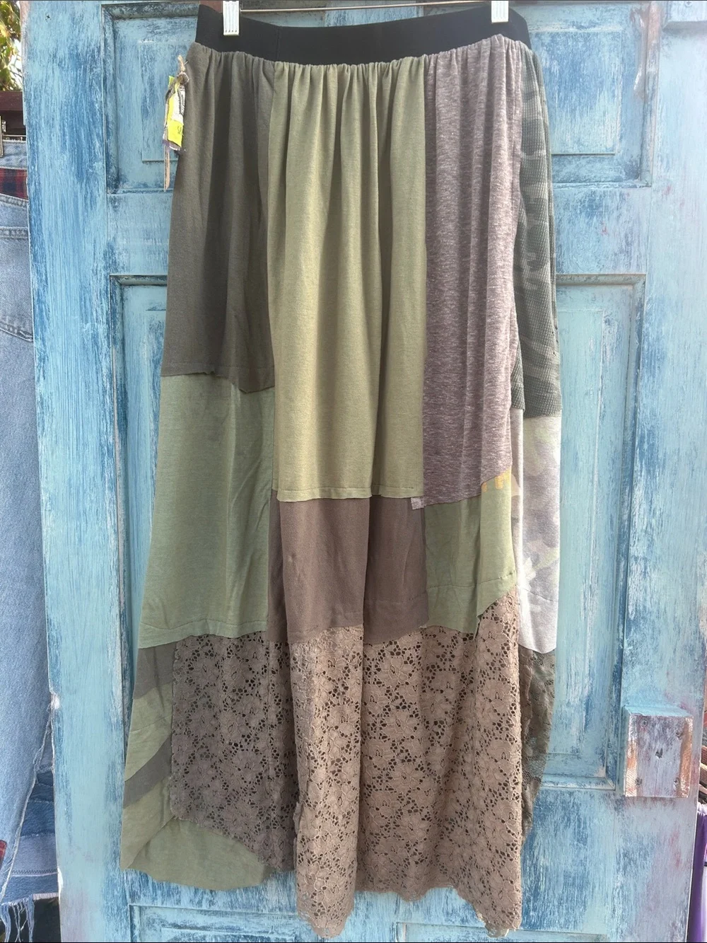 Upcycled camouflage and lace patchwork t shirt maxi skirt